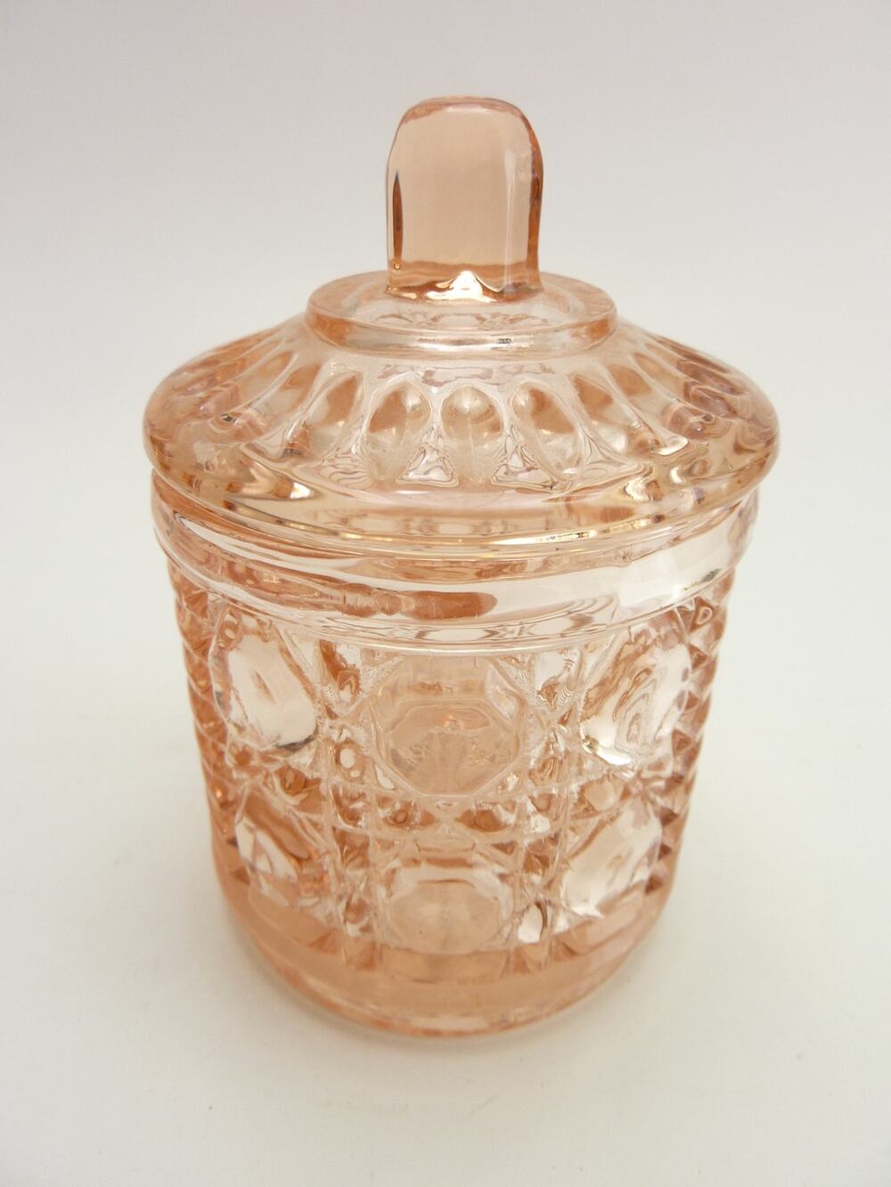 Pink Glass Jar with Lid Covered Vanity Canister Powder Puff Dish 4.5 In Vintage